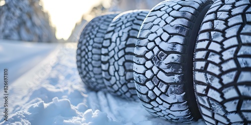 Snowcovered ground showcases assortment of winter tires for seasonal safety. Concept Winter Tires  Snowy Landscape  Seasonal Safety  Tire Variety  Snow-covered Ground