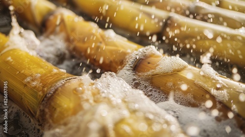 Close-up of sugar cane stalks being washed with water, capturing the dynamic flow and movement of the process. photo