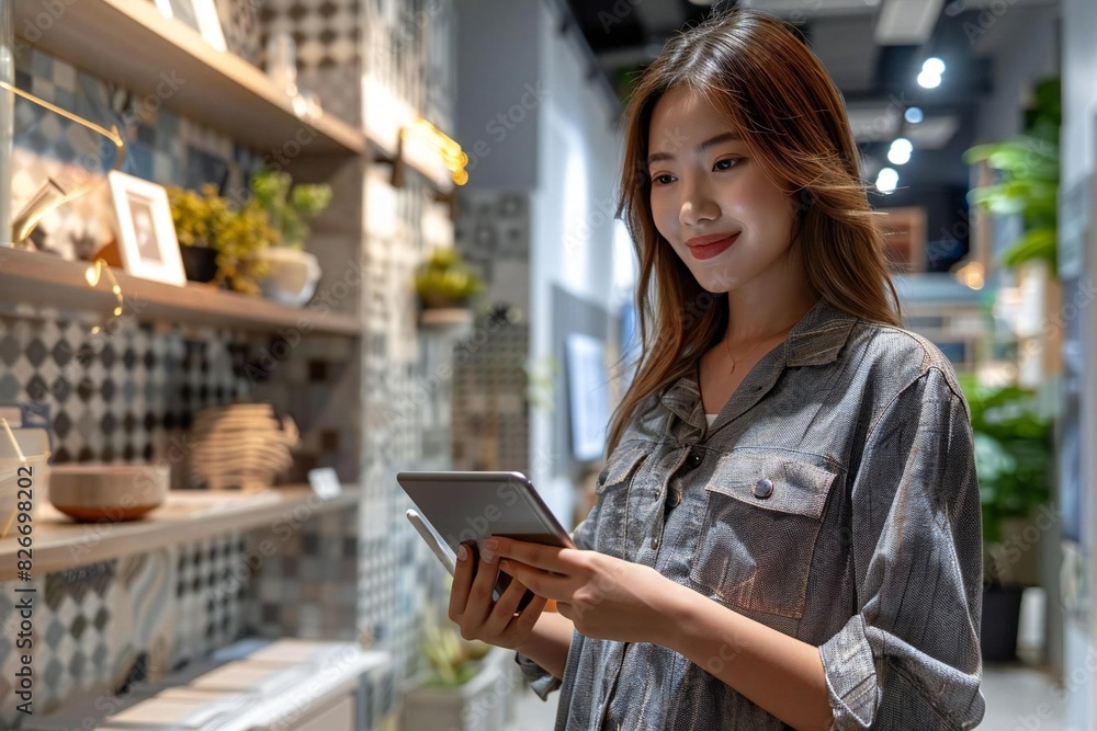 Full room shots capturing detail like color schemes, tile work, and design touches of an Asian female interior designer using a tablet in a modern office.