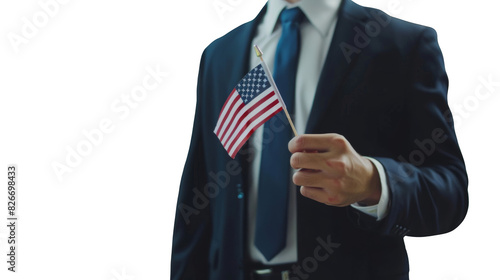 A businessman holding an American flag