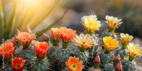 Blooming cacti flowers bring vibrant hues to a desert landscape. Concept Desert Landscape, Cacti Blooms, Vibrant Colors photo