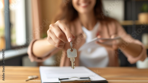Close-up focus on keys as a smiling female realtor in out of focus, who sells an apartment, offering it to a client. She holds the keys, helps the purchasing deal as a real estate agent (ID: 826698467)