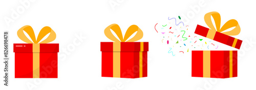 Vector gift box set with closed and opened surprise boxes in red and yellow colors. Flat style gift box with ribbon for New Year or Christmas present.