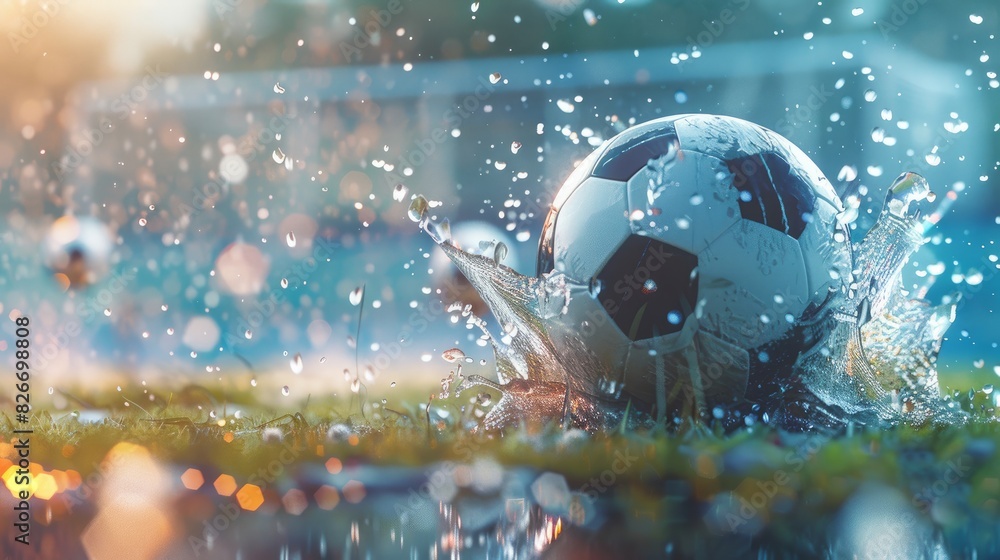Soccer ball splashing on a wet stadium field. Soccer ball splashing on a wet stadium field.
