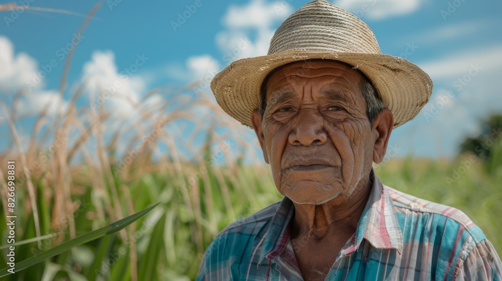An elderly farmer wearing a straw hat and plaid shirt stands in a lush cornfield under a bright blue sky with scattered clouds.
