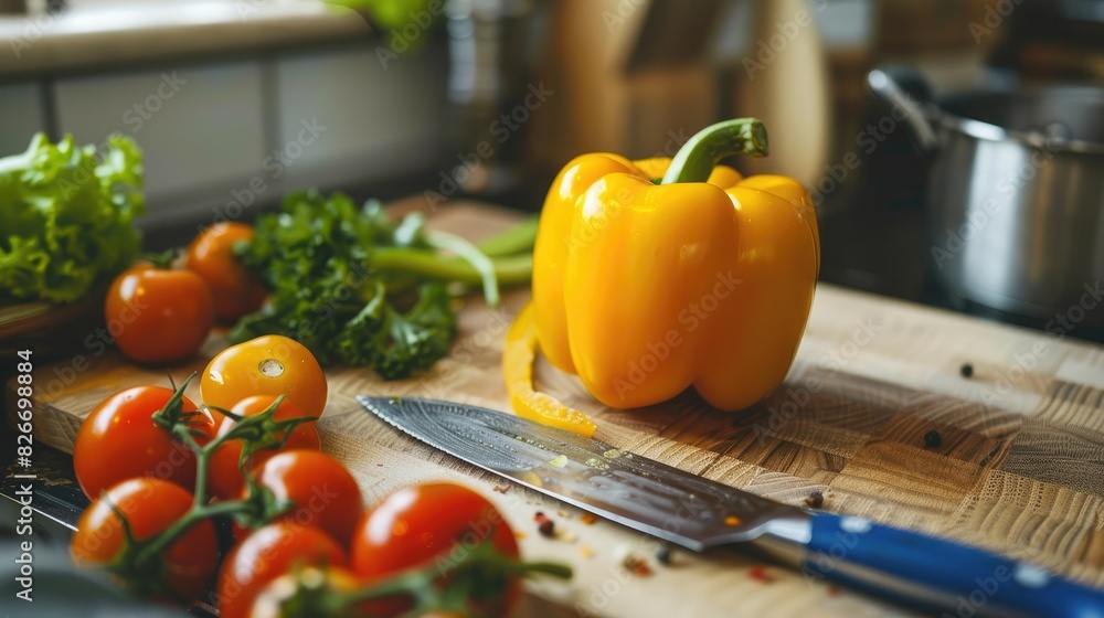 Slice a yellow bell pepper on a chopping surface Slice a yellow bell pepper on a chopping surface