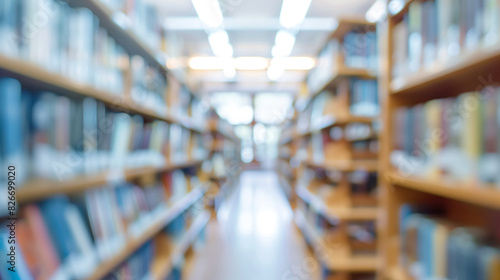 A library with rows of bookshelves filled with books in a soft, blurred focus. (ID: 826699020)