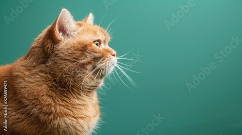 Portrait of fat plump fluffy ginger cat isolated on a green background. Place for text. Copy space. (ID: 826699421)