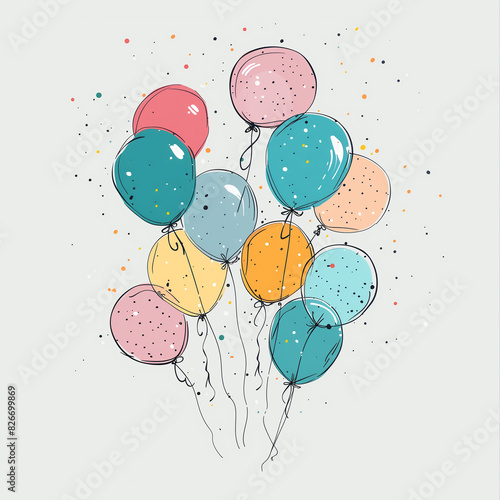 A bunch of multi-colored birthday balloons on black ropes on a white background. Postcard for the holiday. Square frame (ID: 826699869)