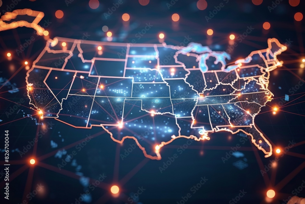 Digital map of america network connectivity created with generative ai Digital map of america network connectivity created with generative ai