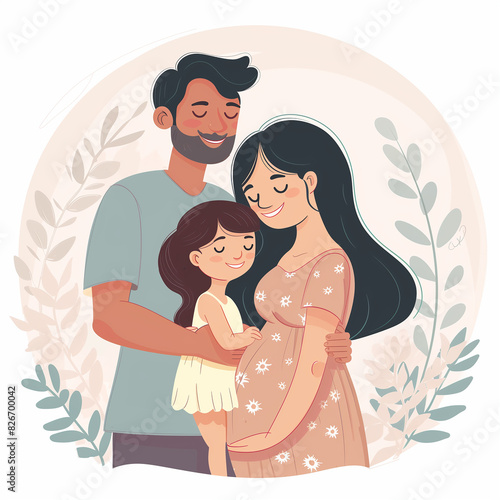 Vintage card. Family dad, pregnant mom and baby hugging. Poster in brown tones. Square frame. (ID: 826700042)