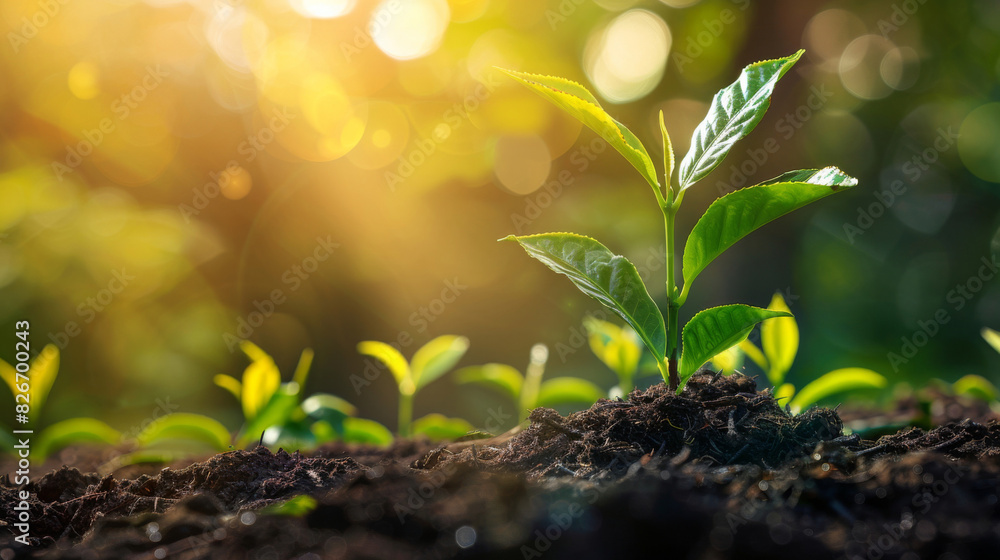 Fresh seedling grows in rich soil against a backdrop of warm sunlight and bokeh Fresh seedling grows in rich soil against a backdrop of warm sunlight and bokeh