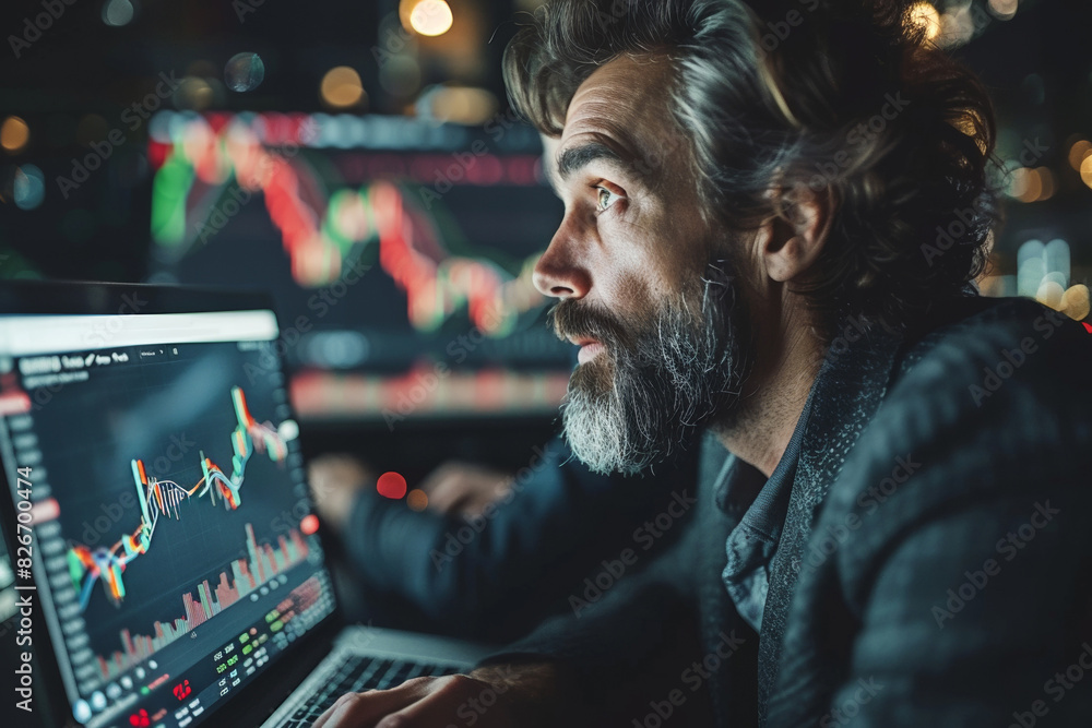 A professional trader analyzes stock market data on a computer screen in a financial office. A professional trader analyzes stock market data on a computer screen in a financial office.
