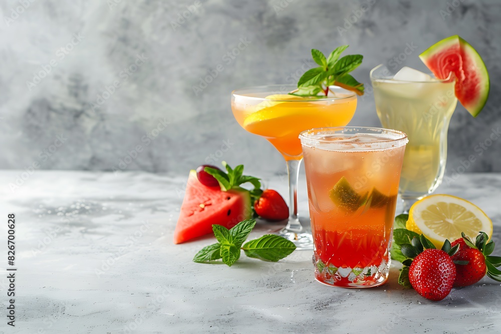 Cocktail drinks on a light grey background with copy space, summer cocktail drink collection in glass and crystal glasses. Cocktail drinks on a light grey background with copy space, summer cocktail drink collection in glass and crystal glasses.