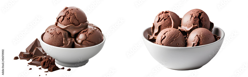 Chocolate ice cream in white bowl isolated on transparent background, Chocolate ice cream in white bowl isolated on transparent background,
