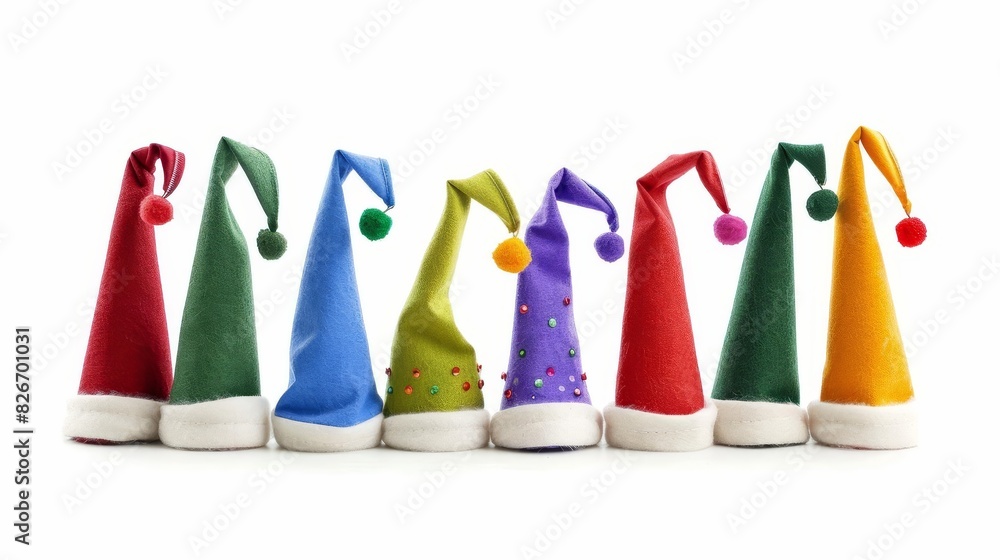 whimsical collection of colorful elf hats isolated on white whimsical collection of colorful elf hats isolated on white