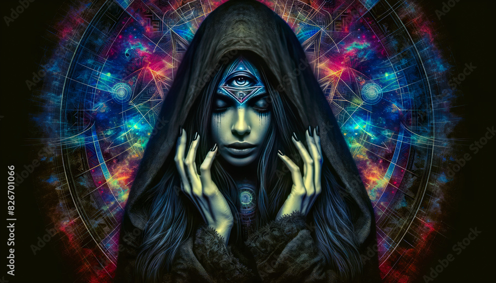Mystical Woman With Third Eye And Vibrant Cosmic Background In Surreal Dark Art Ai Generated Mystical Woman With Third Eye And Vibrant Cosmic Background In Surreal Dark Art Ai Generated