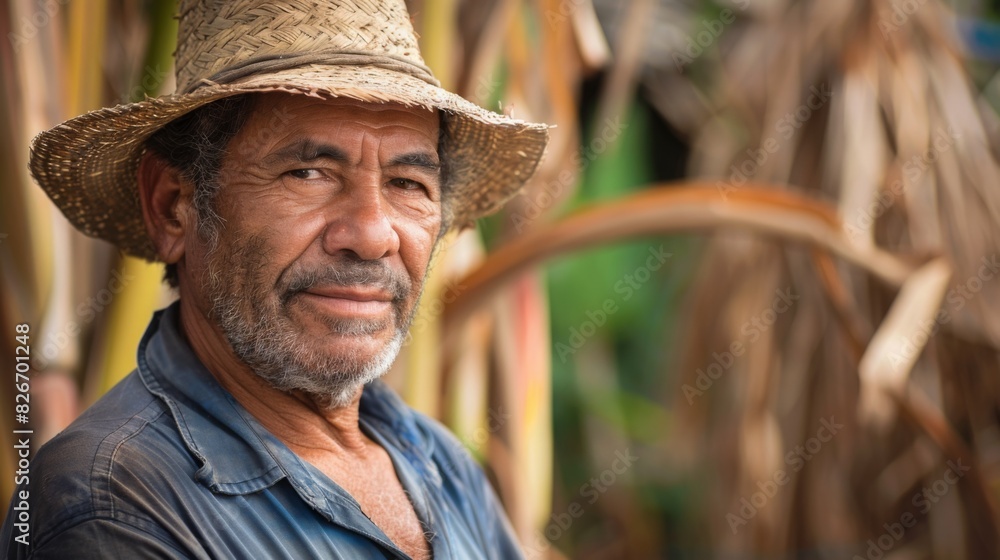 A weathered farmer with a gray beard and straw hat stands amidst a sugarcane field, smiling warmly under the bright sun.