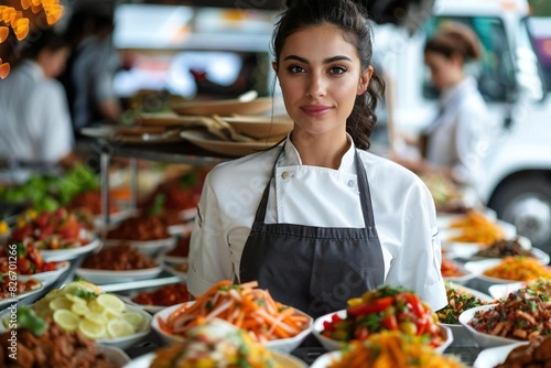 Full body photo of Hispanic female chef showcasing signature dishes using apron at food truck rally. photo