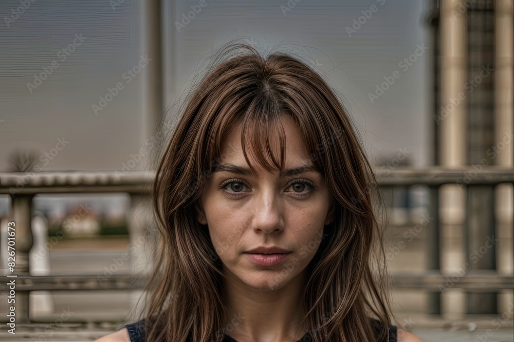 A woman with long dark hair is in a park, facing the camera A woman with long dark hair is in a park, facing the camera