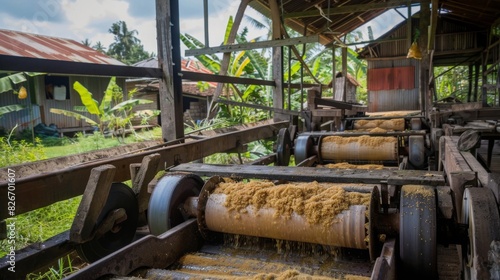 A traditional rubber processing facility operates in a rural village during daylight hours, showcasing multiple machinery with rubber sheets.