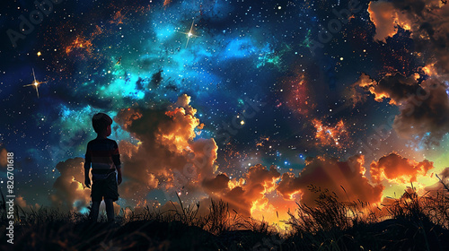 child gazing at stars, cosmic night, galaxy, vibrant nebula © GaMe
