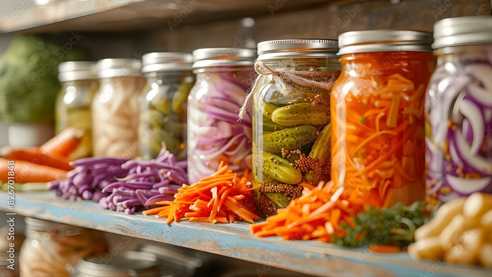 Vibrant jars of pickled vegetables on colorful shelves highlight art of pickling. Concept Pickling Techniques, Colorful Food Presentation, Pickled Vegetables, Art of Preserving, DIY Food Preservation Vibrant jars of pickled vegetables on colorful shelves highlight art of pickling. Concept Pickling Techniques, Colorful Food Presentation, Pickled Vegetables, Art of Preserving, DIY Food Preservation