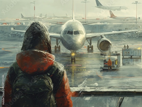 A person is standing on a runway looking at an airplane. The scene is set in a rainy environment, with the person wearing a backpack and a red jacket. Scene is somewhat melancholic photo