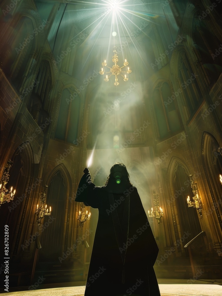 Shadowy Figure in Majestic Cathedral Exuding Supernatural Presence - A Captivating Scene of Gothic Architecture,Mystical Energy,and Haunting Ambiance