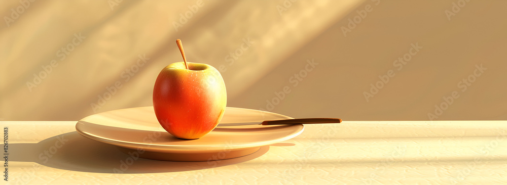 Warm Beige Background with Apple, Minimalist Apple and Knife Scene Warm Beige Background with Apple, Minimalist Apple and Knife Scene