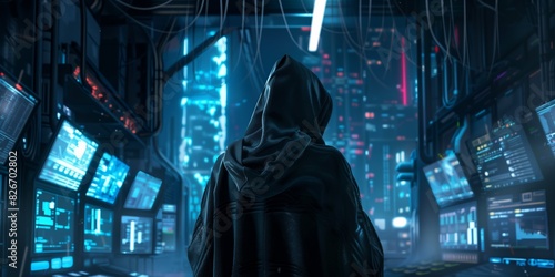 Technology  hacker in dark hoodie  multiple monitors  blue light  cybersecurity breach concept.