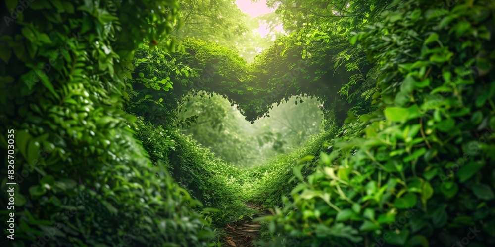 Fototapeta premium Nature, heart-shaped tunnel of trees, leading to the sky, lush green foliage, serene and magical path.