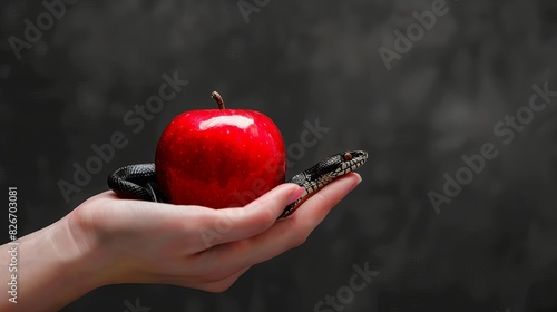 tempting red apple and sinister black snake entwined around a womans hand forbidden fruit concept photo