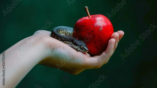 temptation concept womans hand holding red fruit with snake coiled around arm symbolizing disobedience and freewill photo