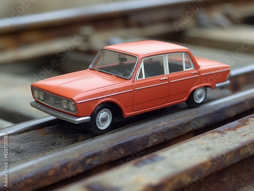 A small orange toy car is sitting on a train track. The car is positioned on the tracks, and it is a vintage model. Concept of nostalgia and childhood memories photo
