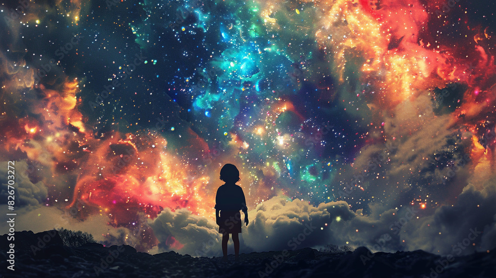 Child gazing at stars, cosmic night, galaxy, vibrant nebula