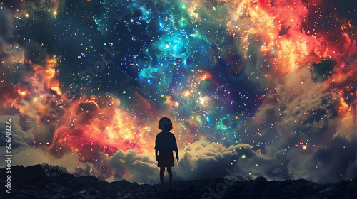 Child gazing at stars, cosmic night, galaxy, vibrant nebula