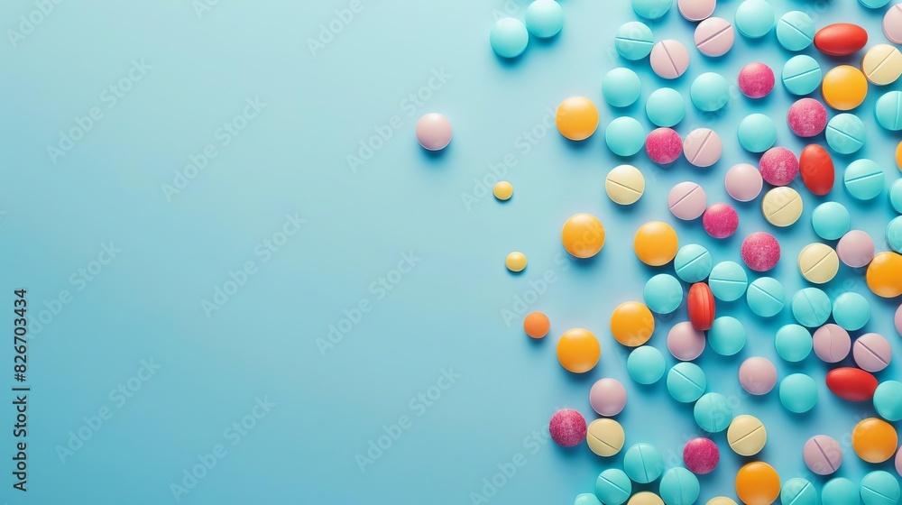 topdown view of colorful pharmaceutical pills on plain background healthcare marketing banner with copy space photography topdown view of colorful pharmaceutical pills on plain background healthcare marketing banner with copy space photography