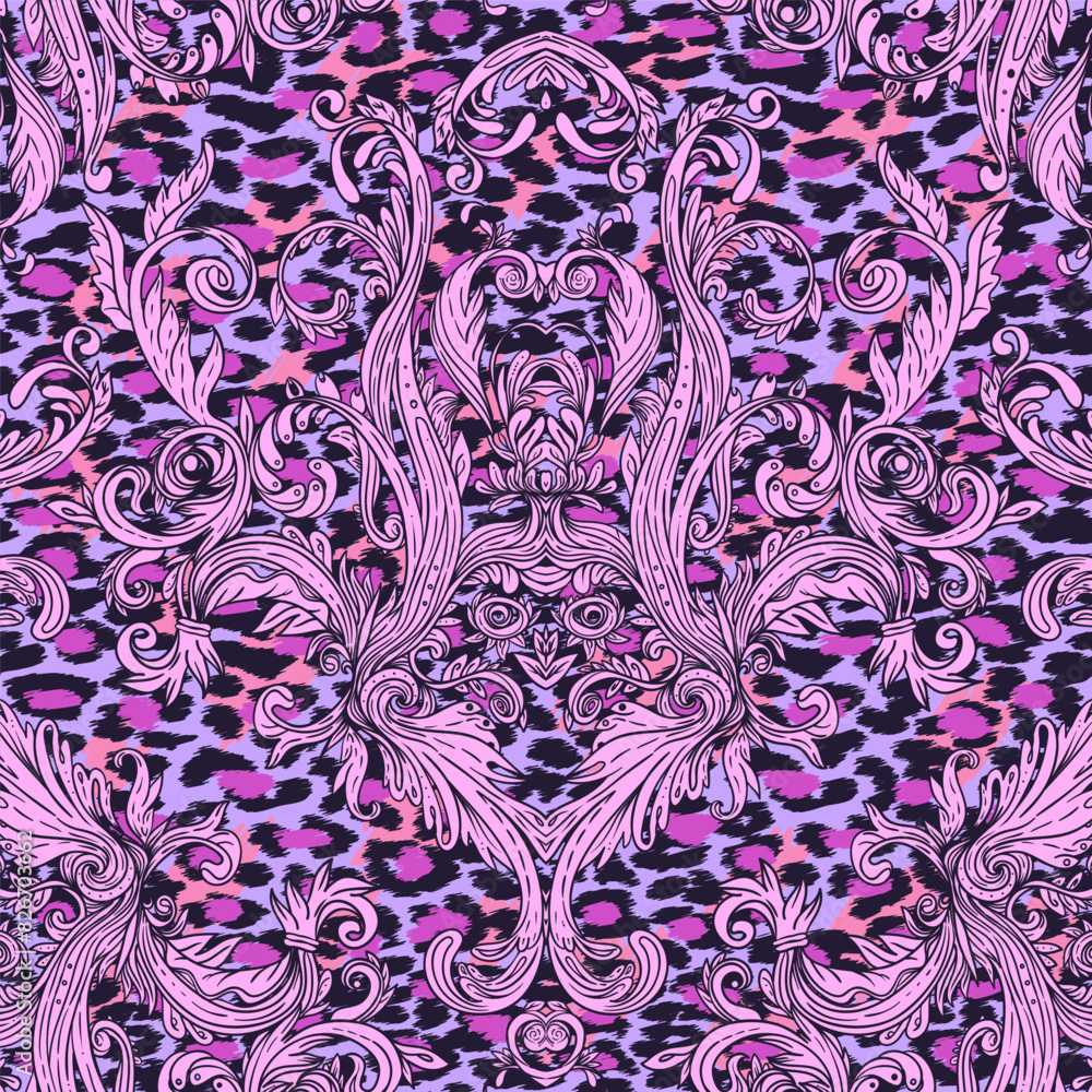 Baroque neon colored seamless pattern over leopard or cheetah skin titled background, fancy animal fur and glamorous elements, vector illustration. Luxury concept. Fabric design, wrapping paper