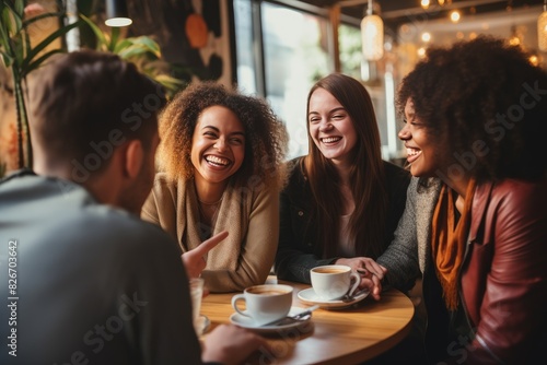 a group of people laughing and having a conversation, A gathering of individuals engaged in jovial conversation and laughter.