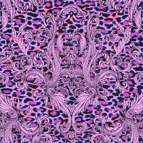 Baroque neon colored seamless pattern over leopard or cheetah skin titled background, fancy animal fur and glamorous elements, vector illustration. Luxury concept. Fabric design, wrapping paper