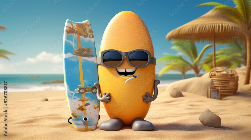 Fototapeta premium A photo of a 3D character with a surfboard and beach