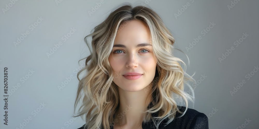 Studio portrait of a Caucasian woman with stunning blonde wavy hair. Concept Portrait Photography, Blonde Hair, Studio Lighting, Caucasian Woman, Stunning Style Studio portrait of a Caucasian woman with stunning blonde wavy hair. Concept Portrait Photography, Blonde Hair, Studio Lighting, Caucasian Woman, Stunning Style