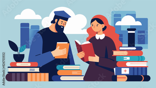 Two people chatting softly in hushed tones while leafing through stacks of books on theology and religious history.. Vector illustration