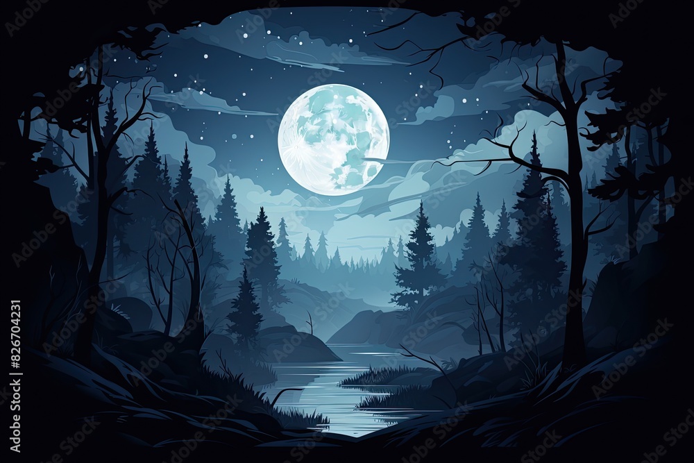 a dark forest with a full moon in the sky, In the night sky, a bright full moon shines over a dense forest.