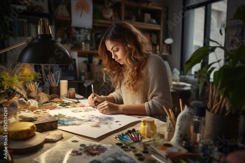 Fototapeta Naklejka Na Ścianę i Meble -  a woman is painting in a dark room, In a dimly lit room, a woman is creating art through painting.
