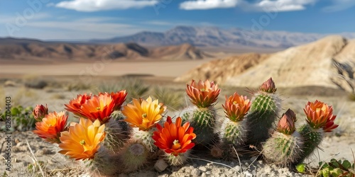 Vibrant cacti flowers add color to a dry desert scene. Concept Desert, Cacti, Flowers, Vibrant, Colorful photo