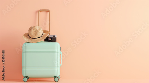 Mint Green Suitcase with Hat and Camera. Travel Essentials: Suitcase, Hat, and Camera