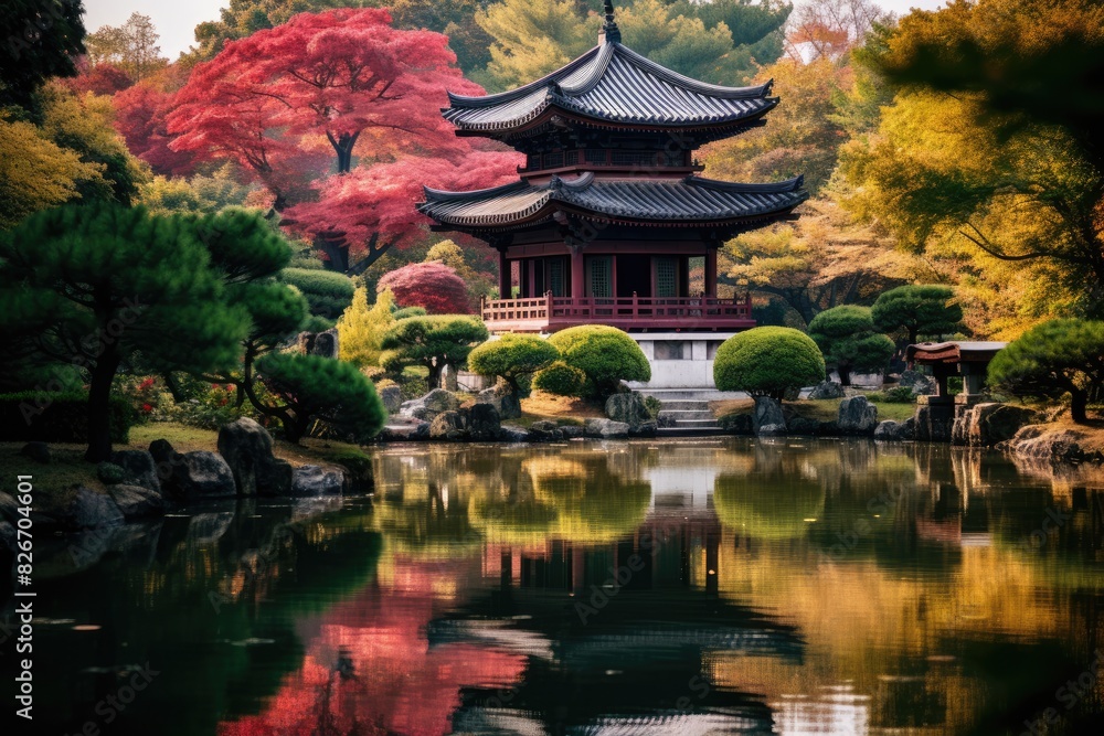 a pond with a pagoda in the background, In the background stands a pagoda beside a serene pond. a pond with a pagoda in the background, In the background stands a pagoda beside a serene pond.