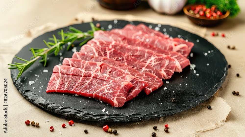 Sliced fresh beef meat displayed on a black platter on a beige wooden table taken at close range